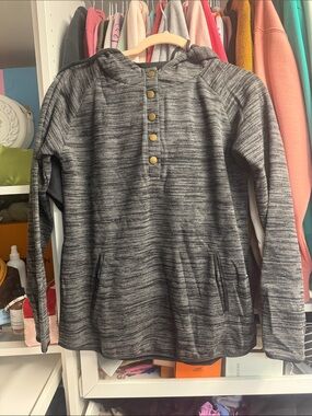 Heather Gray Hooded Pullover with Snap-Front Detail